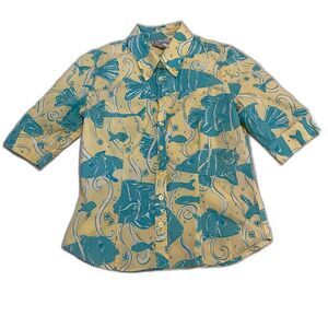 Lilly Pulitzer size 4 Cotton Spandex Pastel Yellow Blue Fish Novelty Print Shirt